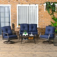 Outsunny 4 PCS Patio PE Rattan Wicker Sofa Set Outdoor Conversation Furniture w/ Two Tier Tea Table & Cushions, Navy Blue(m-8)