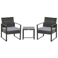Outsunny 3 Pieces Wicker Patio Furniture Set, Rattan Bistro Set with Glass Top Coffee Table and Cushions, Outdoor Conversation Set for Garden, Porch, Balcony, Grey(m-2)