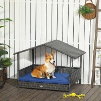 PawHut Wicker Dog House with Removable Cushion Lounge, Dark Blue(m-2)