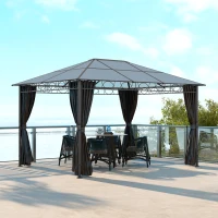 Outsunny 13' x 10' Polycarbonate Hardtop Gazebo Canopy, Outdoor Patio Gazebo with Aluminum Frame & Curtains, Dark Grey(m-1)