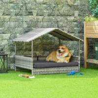 PawHut Wicker Dog House Elevated Raised Rattan Bed with Removable Cushion Lounge, Charcoal Gray(m-2)