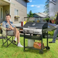 Outsunny 4 Burner Propane Gas Grill with Side Burner, 40,000 BTU Outdoor Barbeque with Shelves, Thermometer, Bottle Opener, Black(m-10)