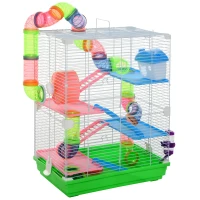 PawHut 5 Tiers Hamster Cage Portable with Exercise Wheels Play Tube Water Bottle Dishes House Ladder for Gerbils, Green(m-2)