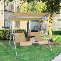 Outsunny 2-Seater Outdoor Porch Swing with Canopy and Table, Patio Swing Chair for Garden, Poolside, Backyard, Beige(m-10)