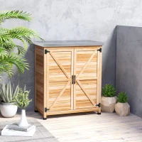 Outsunny Wooden Storage Cabinet, Outdoor Prep Table w/ Metal Tabletop, Shelves and Double Doors for Patio, Garden, Natural Wood(m-10)