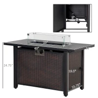 Outsunny 43 Inch Outdoor Propane Gas Fire Pit Table, 50,000 BTU Auto-Ignition Rectangular Wicker-effect Gas Firepit with Glass Wind Guard, Lid, Glass Beads, Steel Base, CSA Certification, Bronze(m-3)