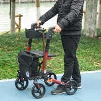 HOMCOM Rollator for Seniors with Seat, Back, Cane Holder, Aluminium Folding Rolling Walker with Adjustable Handle, Bag, Red(m-1)