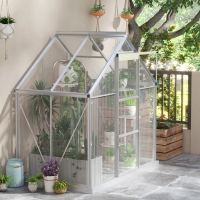 Outsunny 6' x 4' Walk-In Greenhouse, Polycarbonate Greenhouse with Sliding Door, Window, Aluminium Frame, Foundation, Silver