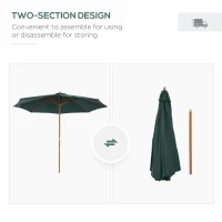 Outsunny 10FT Round Patio Umbrella with Rope Pulley Mechanism, Wooden Market Umbrella, Garden Parasol with 8 Ribs, Dark Green(m-6)