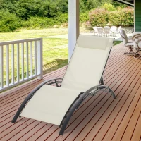 Outsunny Patio Lounge Chair, Aluminum Reclining Outdoor Tanning Chair with 5-Level Adjustable Backrest, Head Pillow and Breathable Mesh Fabric, for Pool, Deck, Garden, Beige(m-8)