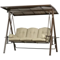 Outsunny 3-Seat Patio Swing Chair, Outdoor Canopy Swing Glider with Cushion, Pillows and Adjustable Polycarbonate Canopy for Porch, Garden, Poolside, Backyard, Khaki(m-11)