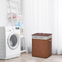 HOMCOM Bamboo Laundry Basket with Lid and String Handles, Collapsible Laundry Hamper with 2 Removable Bags, Brown(m-10)