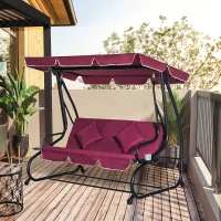 Outsunny 3-Seat Outdoor Patio Swing Chair, Converting Flatbed, Outdoor Swing Glider with Adjustable Canopy, Removable Cushion and Pillows, for Porch, Garden, Poolside, Backyard, Red(m-2)