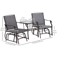 Outsunny Patio Double Glider Chair with Glass Top Center Table, Outdoor Glider Chair with High Back,  Sling Fabric for Garden, Bench, Grey(m-3)