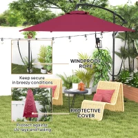 Outsunny 9.5' Cantilever Umbrella with Wind Protection Strap and Cover, Hanging Umbrella with Crank and Cross Base, UPF 50+, Red(m-4)