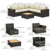 Outsunny 6 Pieces Outdoor Rattan Patio Furniture Set with Corner Sofa, Wood-Plastic Coffee Table, Light Khaki(m-3)