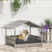 PawHut Wicker Dog House Elevated Raised Rattan Bed with Removable Cushion Lounge, Charcoal Gray(m-11)