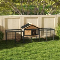 PawHut Wooden Rabbit Hutch Outdoor, 85" Large Bunny Cage with Steel Run, Removable Plastic Tray, Asphalt Roof, Ramp(m-10)