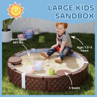 Qaba 47" Round Kids Sandbox with Cover, 3 Seats, Waterproof Bottom Liner, for Backyard, Lawn, Garden, Beach, Patio, Brown(m-4)