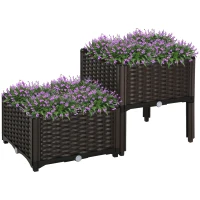 Outsunny 2 Piece Raised Garden Bed PP Raised Flower Bed Vegetable Herb Grow Box Stand Brown(m-11)