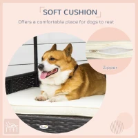 PawHut Wicker Dog House Outdoor with Canopy, Rattan Dog Bed with Water-resistant Cushion, Raised Dog Bed for Small, Medium Dogs up to 66 lbs, 19.75" in Length, Brown Wicker, White Cushion(m-8)