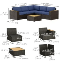Outsunny 6 Pieces Outdoor Rattan Patio Furniture Set with Corner Sofa, Wood-Plastic Coffee Table, Navy Blue(m-3)
