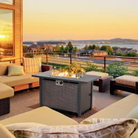 Outsunny 43 Inch Outdoor Propane Gas Fire Pit Table, 50,000 BTU Auto-Ignition Rectangular Wicker-effect Gas Firepit with Glass Wind Guard, Lid, Glass Beads, Steel Base, CSA Certification, Bronze(m-2)