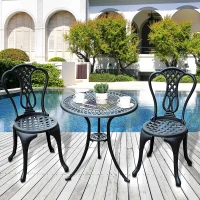 Outsunny 3 Pieces Antique Outdoor Bistro Set Cast Aluminum Patio Table and Chairs with Umbrella Hole, Black(m-8)