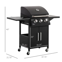 Outsunny Outdoor 3 Burner Gas Grill Portable Barbecue w/ Wheels, Warming Rack, Shelves, Cabinet, Thermometer, Black(m-3)