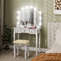 HOMCOM Makeup Vanity Table with Stool, Vanity Set with 10 LED Lights, 5 Drawers and 3 Compartments, White(m-8)