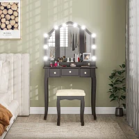 HOMCOM Makeup Vanity Table with Stool, Vanity Set with 10 LED Lights, 5 Drawers and 3 Compartments, Black(m-9)