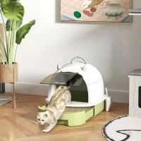PawHut Cat Litter Box with Lid, Front Door Flap, Scoop, Handle, Easy Clean, for Small and Medium Cats, Green(m-8)