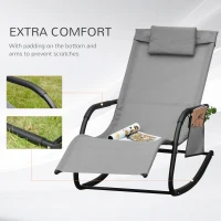 Outsunny Patio Rocking Chair with Mesh Fabric, Outdoor Rocking Sling Sun Lounger with Removable Headrest and Side Pocket for Garden, Deck, Lawn, Grey(m-7)