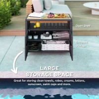 Outsunny Outdoor Storage Cabinet with Acacia Wood Top, Two Doors, Shelf, Wicker Bar Table for Pool Towel Storage, Black(m-4)