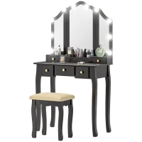 HOMCOM Makeup Vanity Table with Stool, Vanity Set with 10 LED Lights, 5 Drawers and 3 Compartments, Black(m-2)