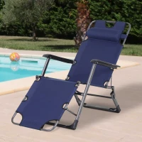 Outsunny Folding Chaise Lounge Chair for Outside, 2-in-1 Tanning Chair with Pillow & Pocket, Adjustable Pool Chair for Beach, Patio, Lawn, Deck, Navy(m-2)