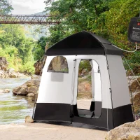 Outsunny Outdoor Portable Pop Up Shower Tent Changing Tent Privacy Enclosure with 2 Rooms, Shower Bag, Floor for Camping, Black(m-1)