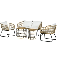 Outsunny 5 Piece PE Rattan Outdoor Furniture Set with Cushioned Chairs, Loveseat Sofa & Stackable Coffee Tables, Cream White