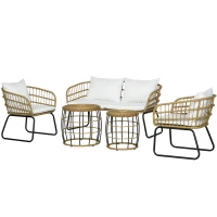 Outsunny 5 Piece PE Rattan Outdoor Furniture Set with Cushioned Chairs, Loveseat Sofa & Stackable Coffee Tables, Cream White(m-1)