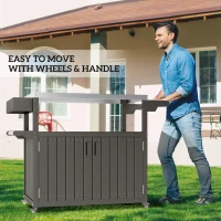 Outsunny Outdoor Bar Cart with Storage, Stainless Steel Outdoor Bar Table Top, Wheeled HDPE Kitchen Island for Food Prep, Gray(m-7)