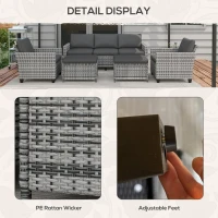 Outsunny 5-Piece Patio Furniture Set with PE Rattan Three-Seater Sofa, Armchairs, Footstools, Cushions, Mixed Gray(m-6)