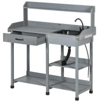 Outsunny Potting Bench Table, Outdoor Garden Table Wooden Work Station with Removable Sink, Faucet, Drawer, Shelves, Hooks, Gray(m-11)