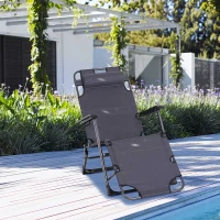 Outsunny Folding Chaise Lounge Chair for Outside, 2-in-1 Tanning Chair with Pillow & Pocket, Adjustable Pool Chair for Beach, Patio, Lawn, Deck, Gray(m-10)