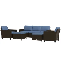Outsunny 5-Piece Patio Furniture Set with PE Rattan Three-Seater Sofa, Armchairs, Footstools, Cushions, Deep Coffee(m-1)