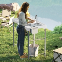 Outsunny Folding Fish Cleaning Table with Sinks, Camping Sink with Faucet Drainage Hose Sprayer Shelf Drawer Storage Basket, Outdoor Sink Station for Beach Patio Picnic, White