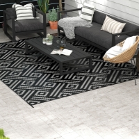 Outsunny Reversible Outdoor Rug Waterproof Plastic Straw RV Rug with Carry Bag, 9' x 12', Black and Grey Geometric
