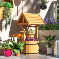 Outsunny Wood Wishing Well Outdoor Wooden Planter with Hanging Bucket and Drainage Hole for Garden, Patio, Backyard, Orange(m-9)