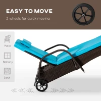 Outsunny 3 Pieces Wicker Patio Lounger Set with Table, PE Rattan Outdoor Lounge Chair Set with Cushions, Wheels, 5-Level Reclining Backrest, Headrest, Brown/Blue(m-6)