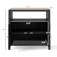 Outsunny Outdoor Storage Cabinet with Acacia Wood Top, Two Doors, Shelf, Wicker Bar Table for Pool Towel Storage, Black(m-3)