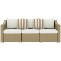Outsunny Rattan Wicker 3 Seater Patio Couch with Cushions, 2 Throw Pillows, Outdoor Furniture Rattan Sofa, Cream White